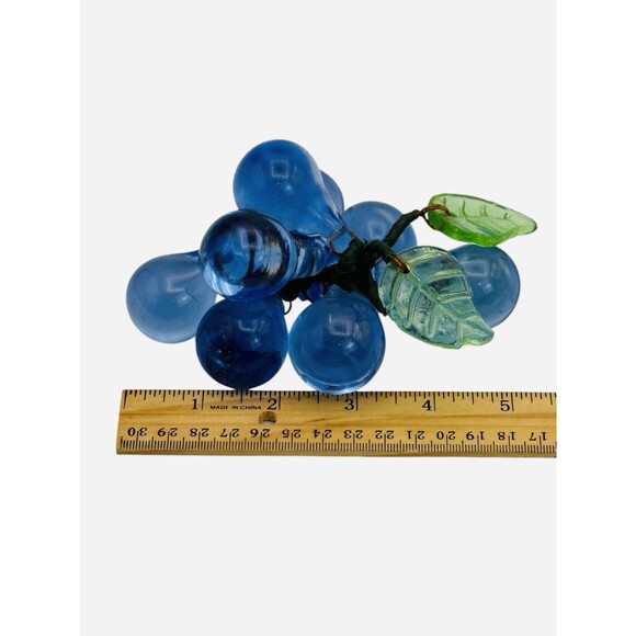 Vintage Hand Blown Art Glass Cobalt Blue 7 Grapes Cluster 2 Glass Leaves - Picture 7 of 7
